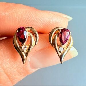 14k Yellow Gold Raspberry Pink Garnet Rhodolite & Diamond Stud Earrings …
